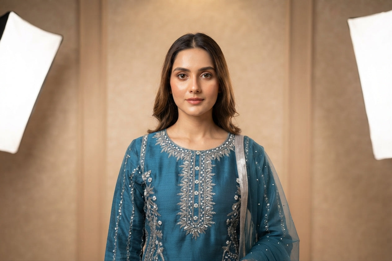Teal Blue Printed Gharara Suit