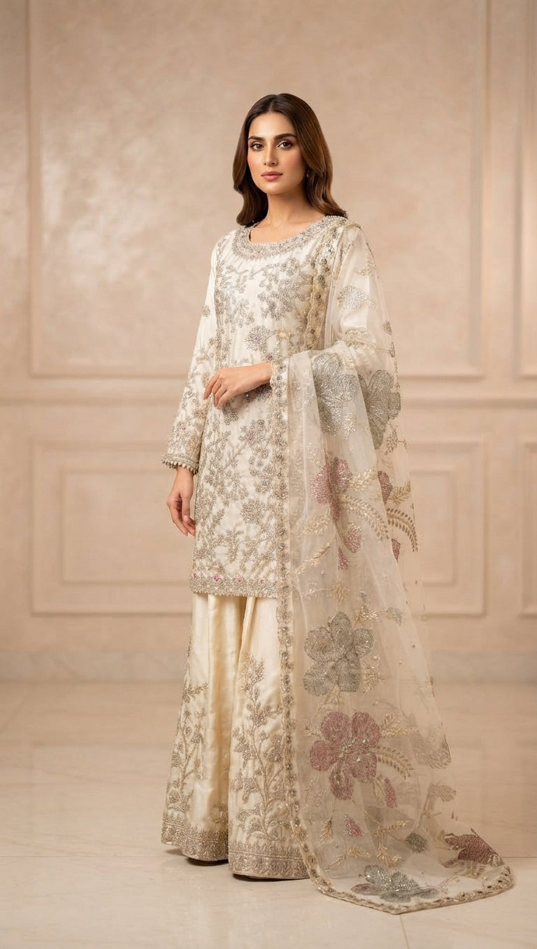 Ivory Floral Embroidered Sharara Suit