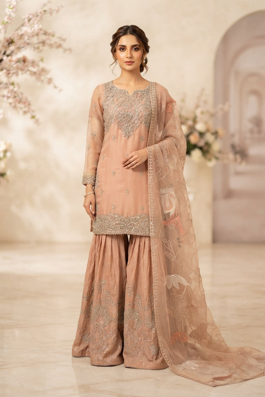 Blush Peach Embroidered Gharara Suit