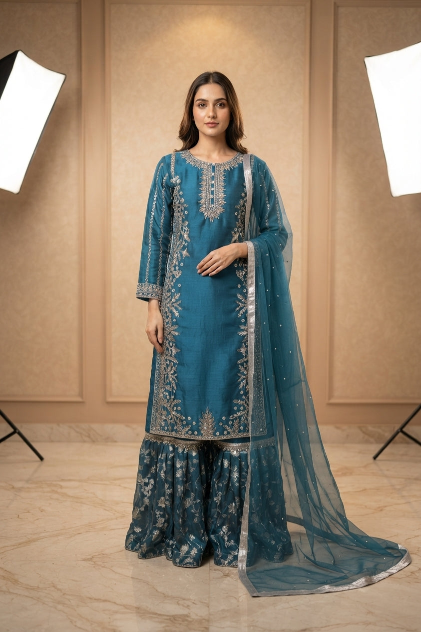 Teal Blue Printed Gharara Suit