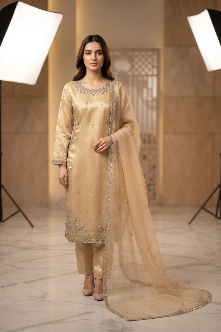Golden Satin Straight Pants Suit