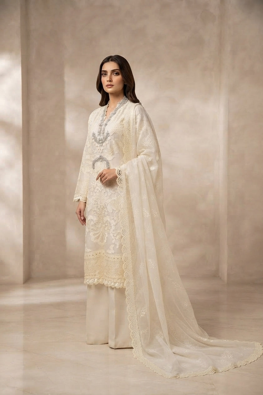 Ivory Pearl Neckline Embroidered 3-Piece Suit