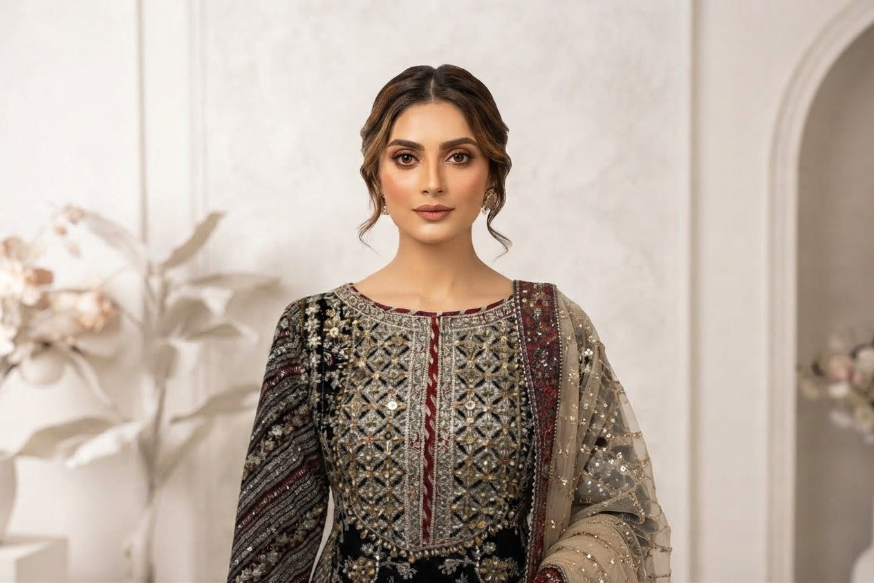 Black  Heavy Embroidered Sharara Suit