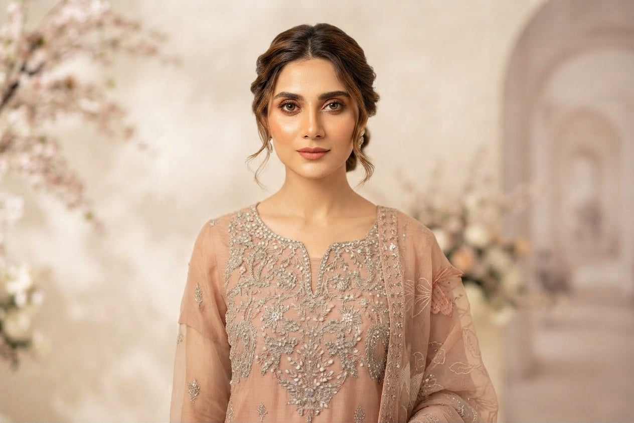Blush Peach Embroidered Gharara Suit